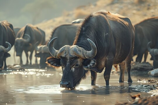 Herd of buffalo at waterhole. African savannah and wildlife concept. National Reserve, Kenya. Design for banner, poster 