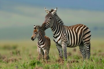 Naklejka premium Zebra mother and baby on green field. African savannah and wildlife concept. National Reserve, Kenya. Design for banner, poster