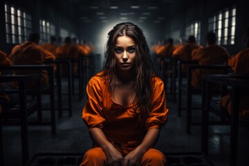 Women prisoner iwearing orange suit lives in prison. Generative Ai - obrazy, fototapety, plakaty