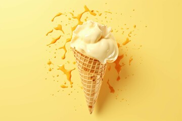 Sticky Melted ice cream and wafer cone. Summer food scoop dessert sweet. Generate Ai