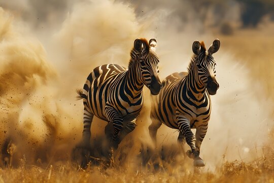 Two zebras running in dust. African savannah and wildlife concept. National Reserve, Kenya. Design for banner, poster