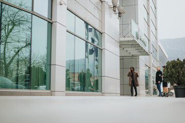 People walking and talking outside modern glass building in urban environment.