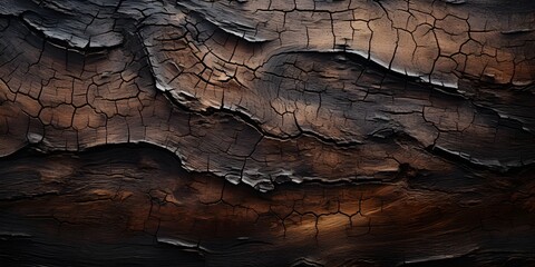 background,texture of a burnt tree with dark brown bark,with black scorch marks,covered with a network of cracks,graphic and web design concept