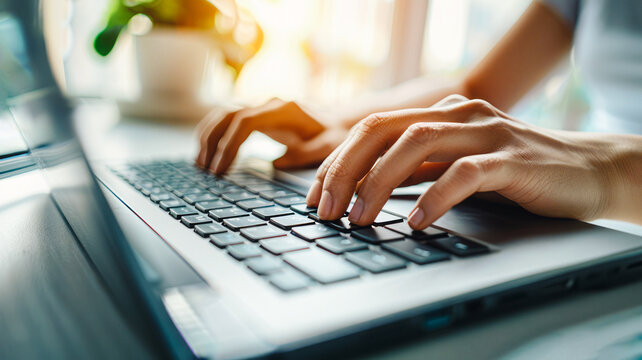  Person types on laptop with security, technology, AI symbols. Indicates cybersecurity, data protection tasks. Emphasizes importance of secure IT systems. Modern, digitalized atmosphere. - Powered by Adobe