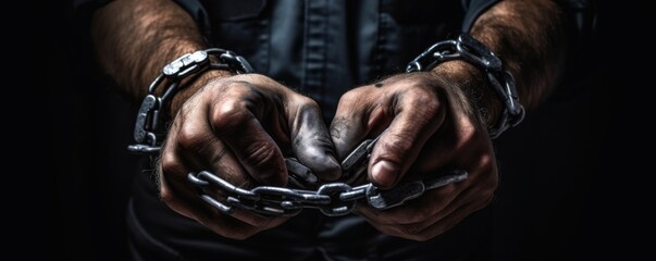 Steel handcuffs on hands of criminal man, banner. Generative Ai. - obrazy, fototapety, plakaty