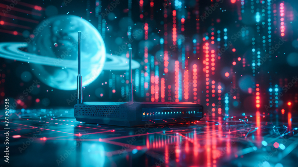 Poster stylized wi-fi router emits signals against futuristic backdrop with holographic elements. graphs in