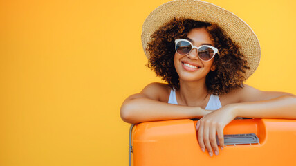 Smiling woman ready for adventure, leaning on an orange suitcase, passport in hand, against a sunny yellow background. - obrazy, fototapety, plakaty