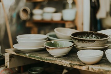 An assortment of clay bowls and plates on a wooden table in the display case of a ceramic workshop