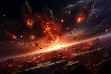 Awe-inspiring Meteors hit earth. Hit explosion globe. Generate Ai - obrazy, fototapety, plakaty