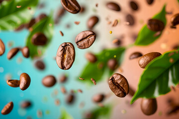 Roasted coffee beans floating with green leaves on blue pink background. Flying coffee beans and fresh green leaves, colored background. Levitating coffee beans and foliage against vibrant surface