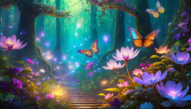 Fantasy forest at night with glowing flowers and butterflies.