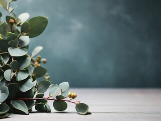 Eucalyptus branches with green leaves on a wooden background and empty copy space for text - 771757805