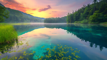 Obraz premium Awakening of Nature: Breathtaking Sunrise Over a Serene Lake Surrounded by Lush Greenery