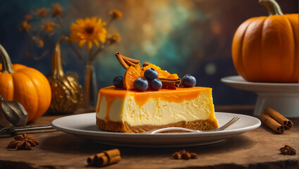 delicious cheesecake with pumpkin on the table dessert - obrazy, fototapety, plakaty
