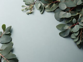 Eucalyptus branches on light blue background, flat lay - 771758299
