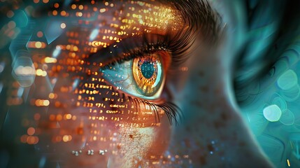 Eye looks to the future business. Woman's eye in the double exposure of a modern city and technology. AI generated illustration