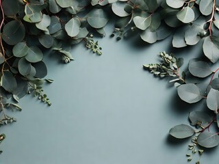 Eucalyptus branches on light background, flat lay. Space for text - 771758662