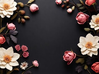 Flowers composition. Frame made of beautiful flowers on black background. Flat lay, top view, copy space - 771758805