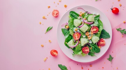  A salad with cucumber, tomato, and lettuce on a pink background with leaves optimized to 21 tokens