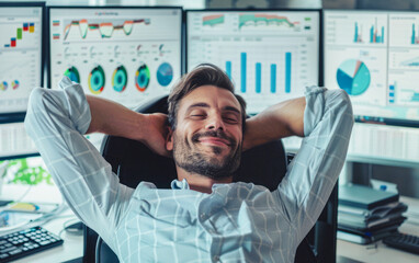 Man in office, relaxed posture, smiling, data analysis graphs on screens, sense of accomplishment, multitasking, dynamic atmosphere.