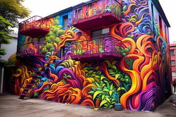 Psychedelic street art mural brings life to urban landscapes.