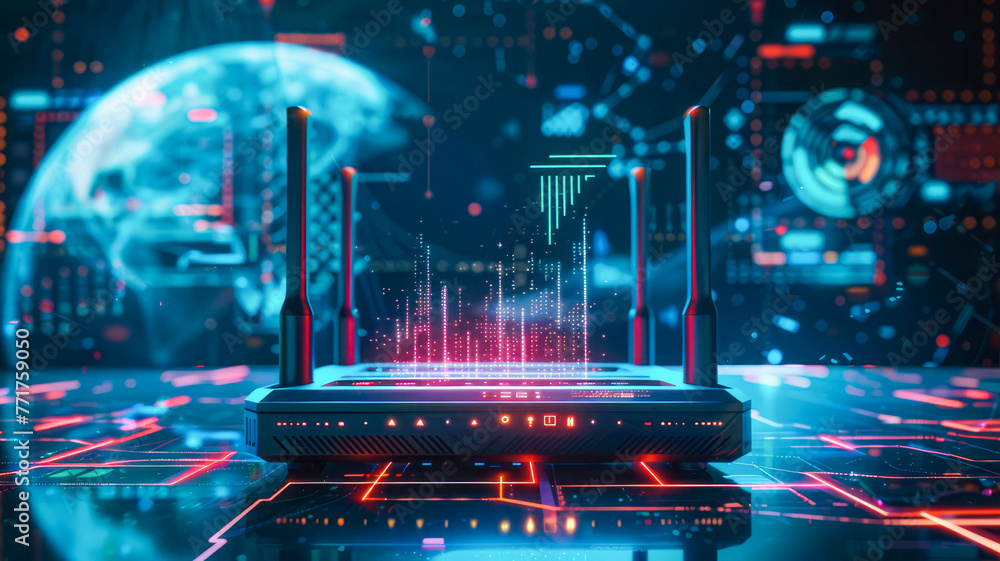 Poster stylized wi-fi router emits signals against futuristic backdrop with holographic elements. graphs in