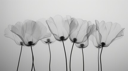  A monochrome picture depicts an array of elongated flower stems surrounded by a line of petals
