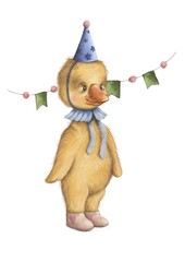 watercolor cute yellow duckling illustration birthday hat little baby duck