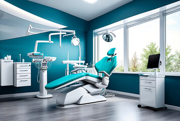 Interior of dental equipment in dentist office in new modern stomatological clinic room. Background of dental chair and accessories used by dentists in blue, medic light. Copy space, text place