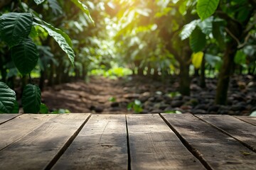 empty wooden table with a cocoa tree plantation background, placement product background - obrazy, fototapety, plakaty