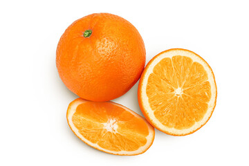 Orange fruit with slices isolated on white background. Top view. Flat lay.