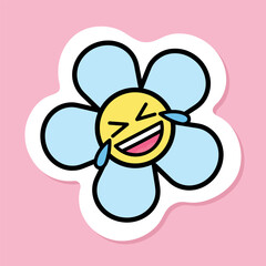 laughing daisy flower sticker, cute chamomile face sticker on pink background, vector design element, rofl