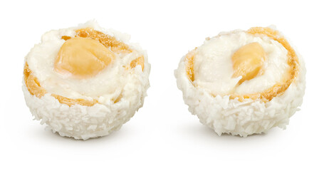 round candy raffaello with coconut flakes and nut isolated on white background