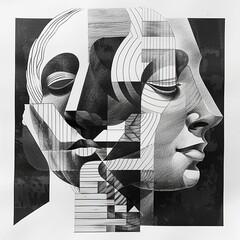 Cubist style collage of two faces cut and glued together. Abstract and artistic geometric art. Black and white image in pencil drawing style. Illustration for poster, cover, brochure or presentation.