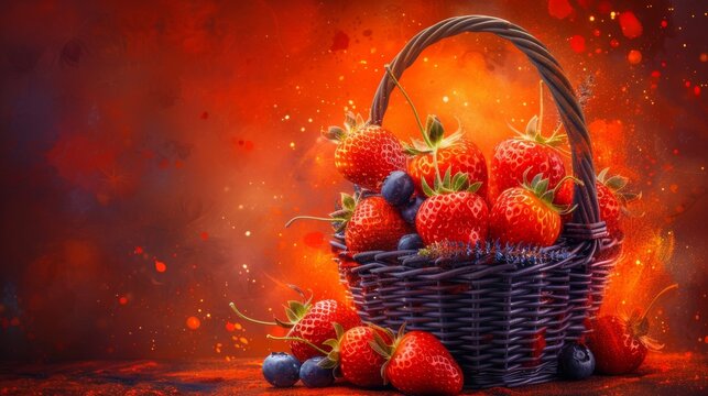  A painting depicts strawberries in a wicker basket, blueberries in front, and red berries behind