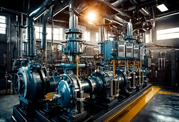 Industrial interior of water pump, valves, pressure gauges, motors inside engine room. Industry pumps in an technical room with urban modern powerful pipelines, automatic control systems. Copy space - obrazy, fototapety, plakaty