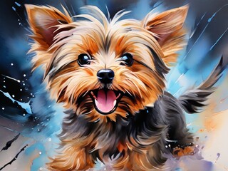 Fototapeta premium A small Yorkshire terrier puppy, menacingly raised its fur, defends itself, barks, happy day, great mood, illustration