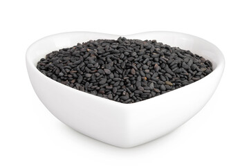 black sesame seeds in ceramic bowl isolated on white background with full depth of field