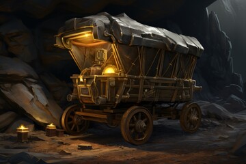 Metallic Mining cart gold. Rock tunnel. Generate Ai