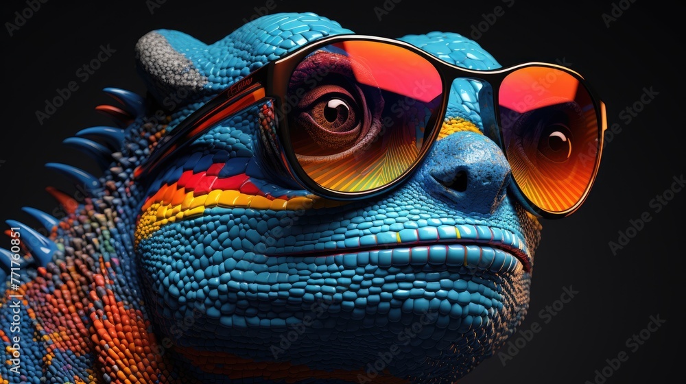 Wall mural Portrait of a chameleon. Funny lizard with sunglasses. Digital art. Illustration for cover, card, flyer, poster or print on t-shirt, bag, etc. - Wall murals