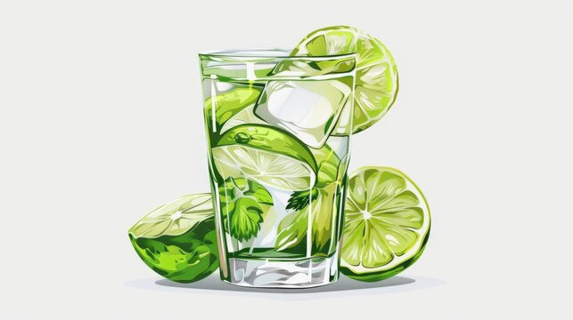  A glass of mojito tea with limes and mints on a white background, with a glass shadow