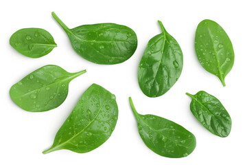 Fototapeta premium Baby spinach leaves isolated on white background. Top view. Flat lay