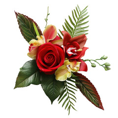 Red rose and tropical orchid flowers with green on transparent or white background