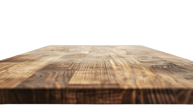 Perspective view of wood or wooden table top on transparent or white background