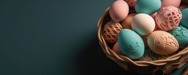 Colorful easter eggs in basket with copy space