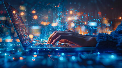 Hands on laptop with digital wave, network grid over cityscape. Implies programming, cyber security. Blue, high-tech, urban, business. Symbolizes global digital activities.