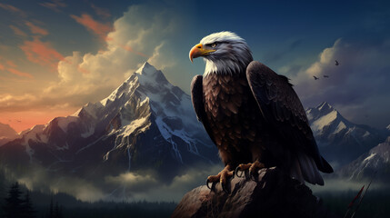 Against a backdrop of red, white, and blue, the eagle stands sentinel, a guardian of American ideals. - obrazy, fototapety, plakaty