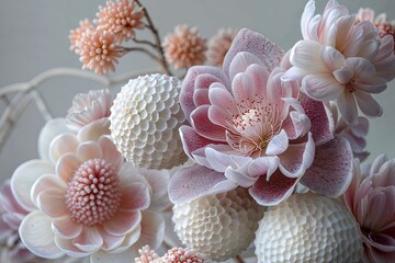 A closeup of an intricate floral arrangement featuring pastel pink and lavender flowers, arranged on top of textured white glossy ceramic sculptures that resemble sea shells or coral formations. - 771762097
