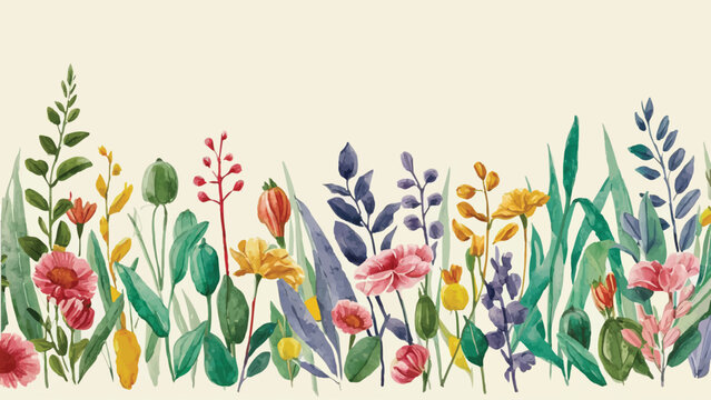 Vibrant Spring Blossoms: Elegant Watercolor Illustration of a Seamless Floral Pattern with Borders and Leaves