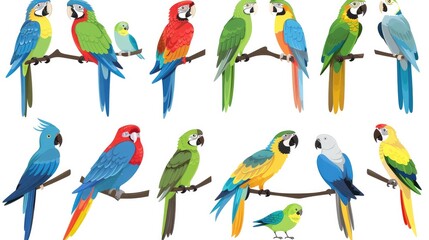 Fototapeta premium Parrots set collection. Isolated on white background . Generative AI